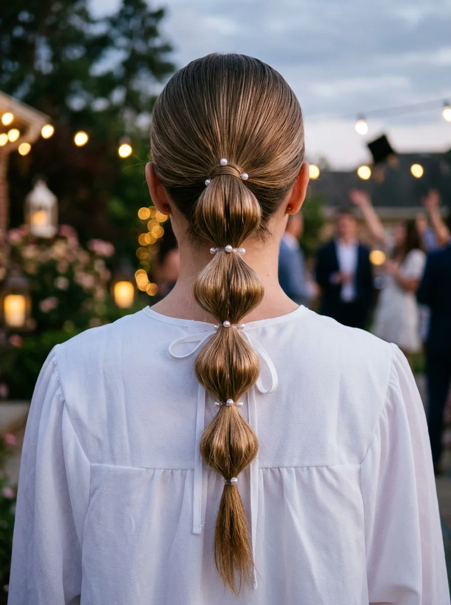 Elegant Pearl Bubble Ponytail for Graduation Day