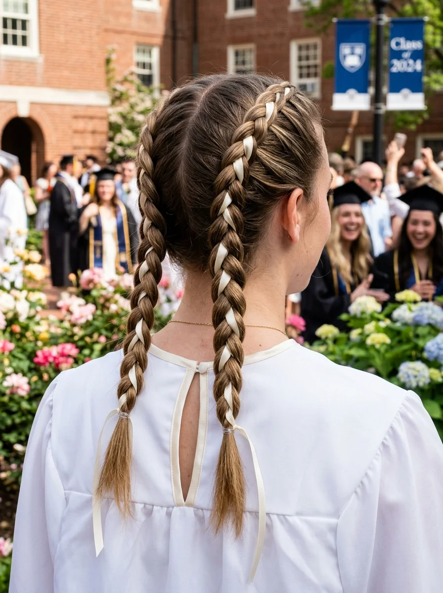 Double Braids with Satin Ribbon Accent