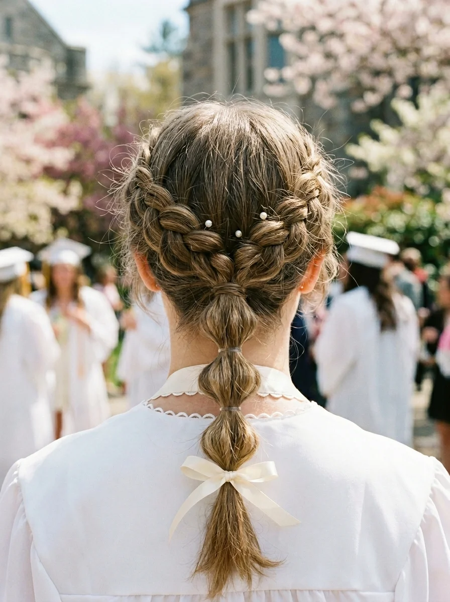 Braided Crown with Bubble Tail and Pearl Accents