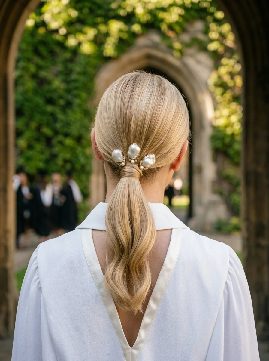 Elegant Pearl Embellished Low Ponytail for Graduation
