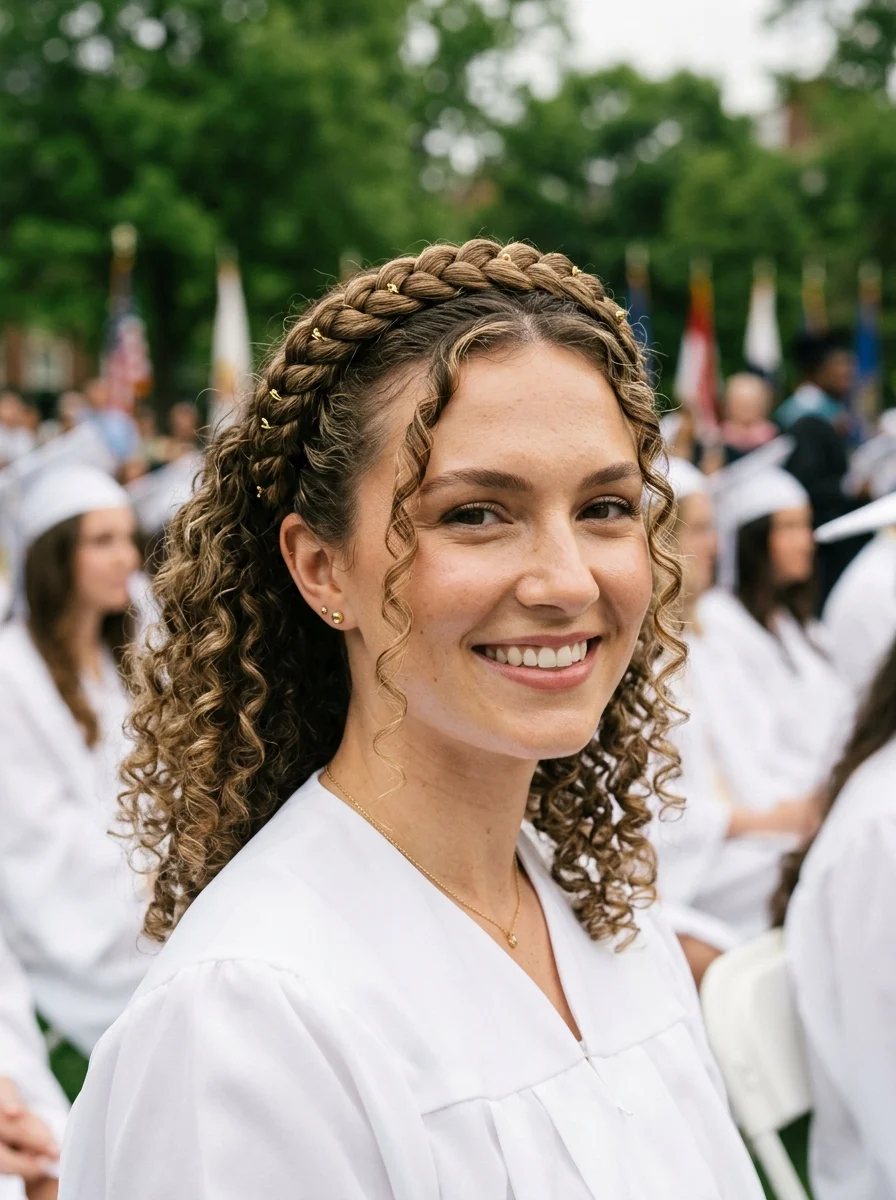 Braided Crown with Cascading Curls and Gold Accents