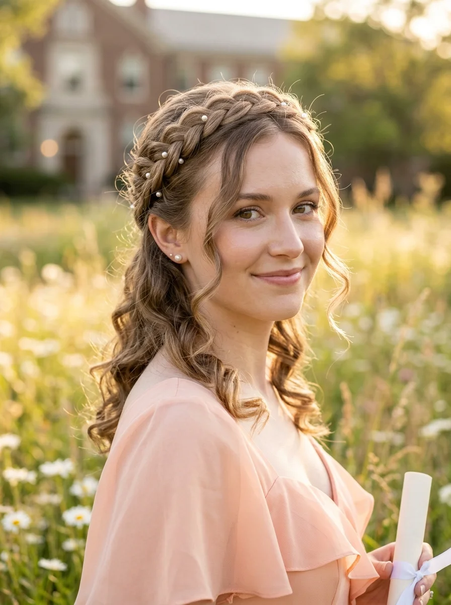 Braided Crown with Loose Curls & Pearls