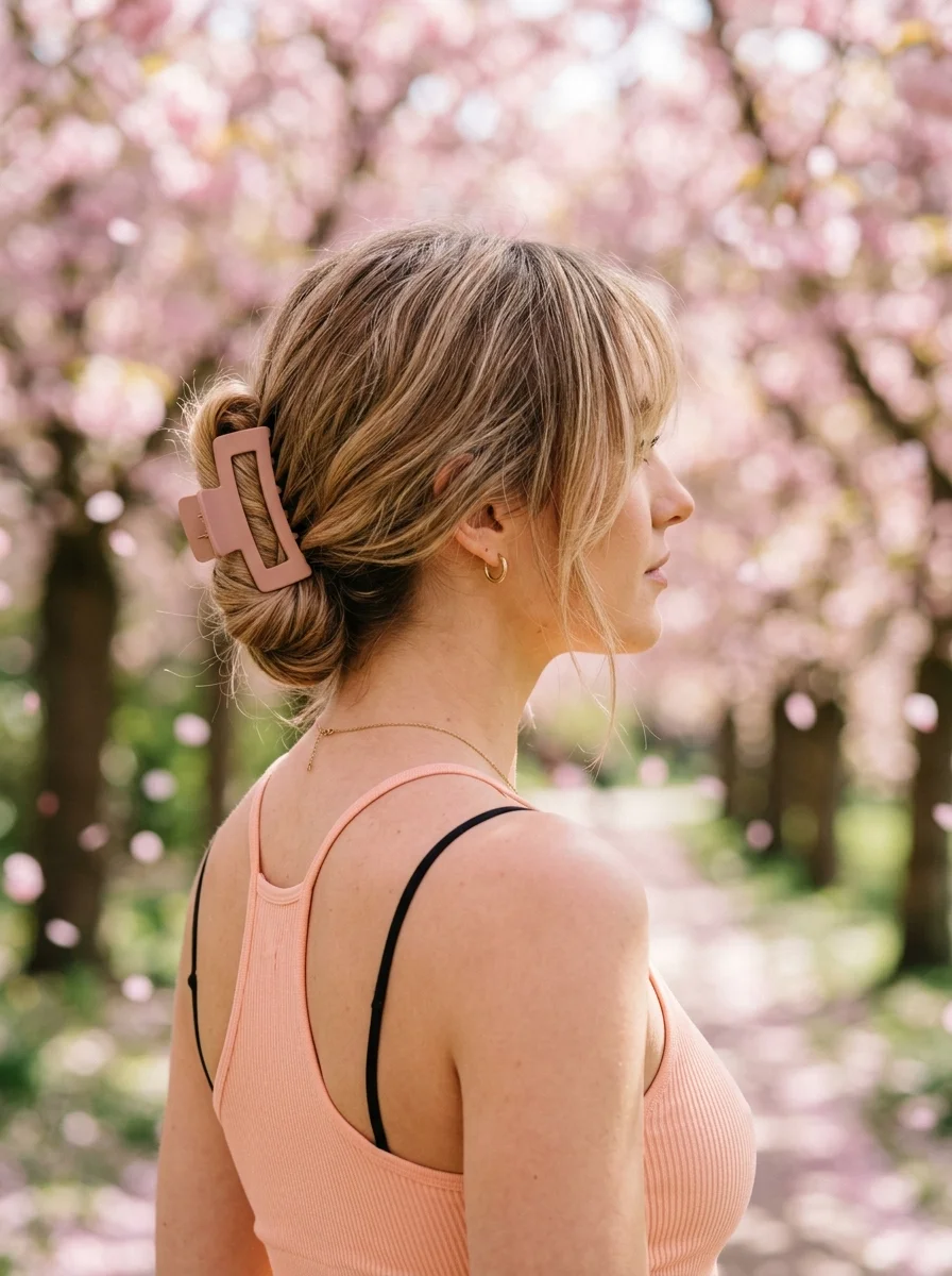 Low Twisted Bun with Blush Claw Clip