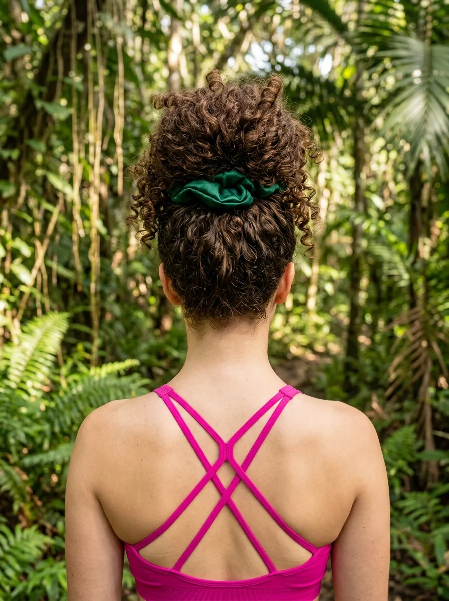 High Curly Bun with Green Satin Scrunchie