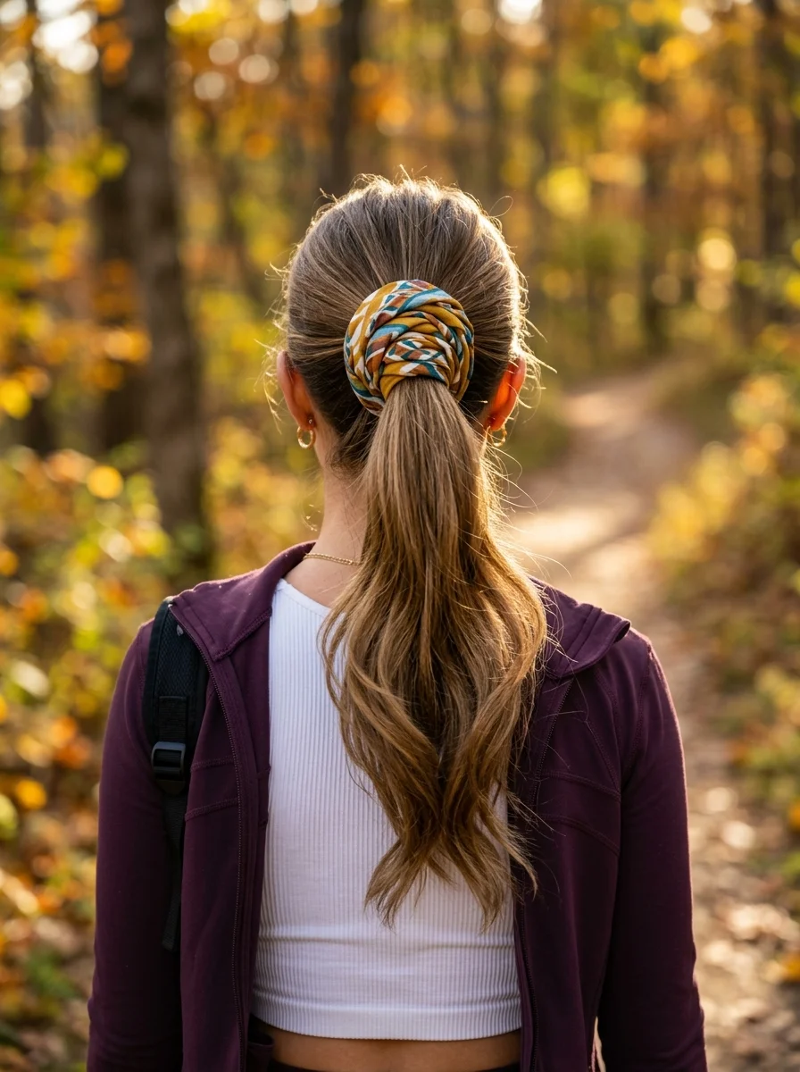 Mid-Height Ponytail with Patterned Scrunchie