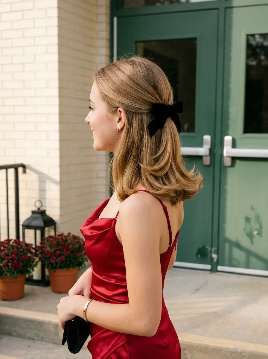 Black Bow Half-Up Homecoming Hair