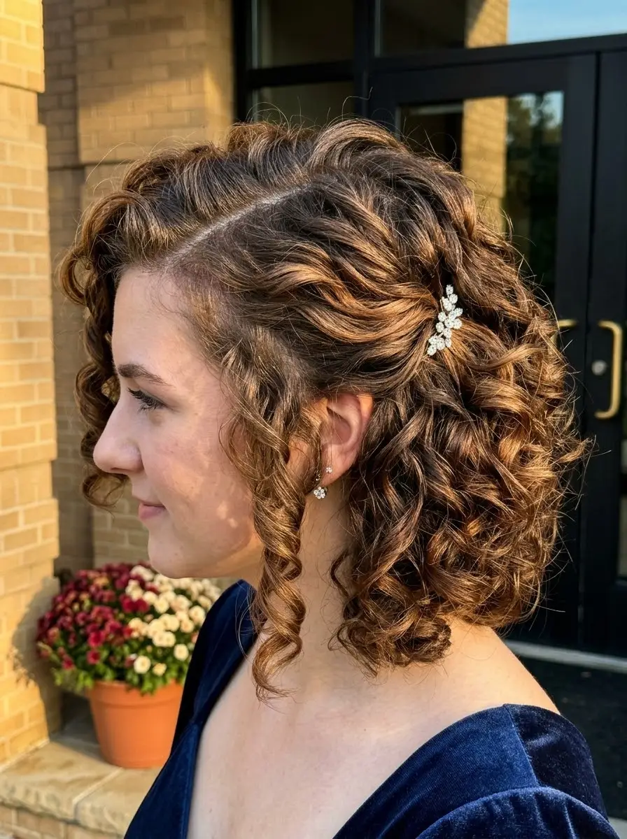 Curly Side-Swept Bob with Floral Clip