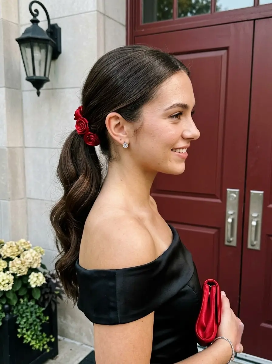 Sleek Low Ponytail with Red Rose Accents