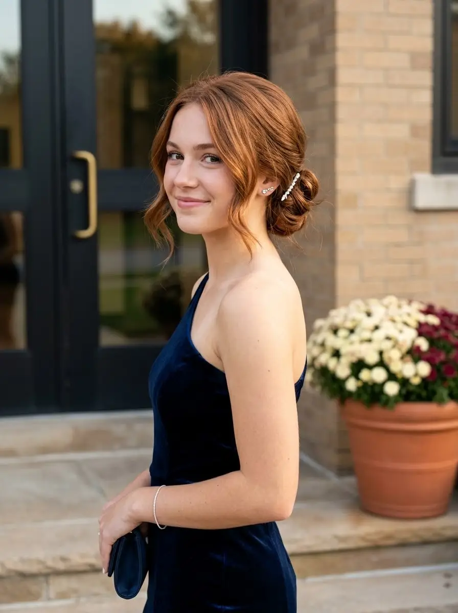 Pearl-Accented Low Bun with Face-Framing Curls