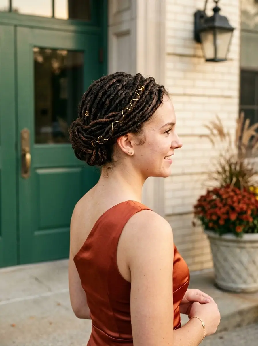 Wrapped Loc Updo with Gold Thread