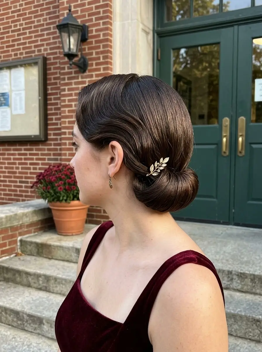 Glossy Low Bun with Gold Leaf Pin