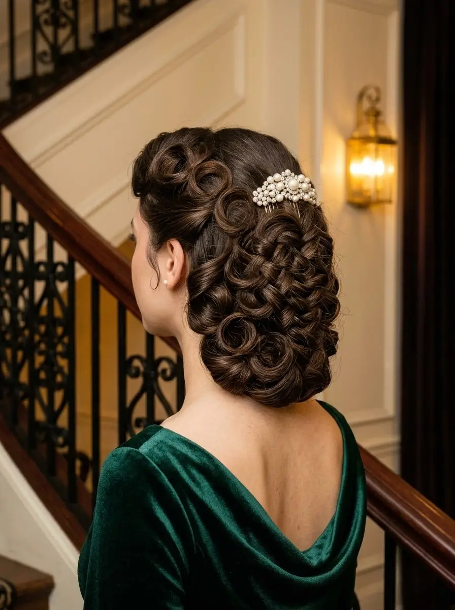 Sculpted Curl Updo with Pearl Comb