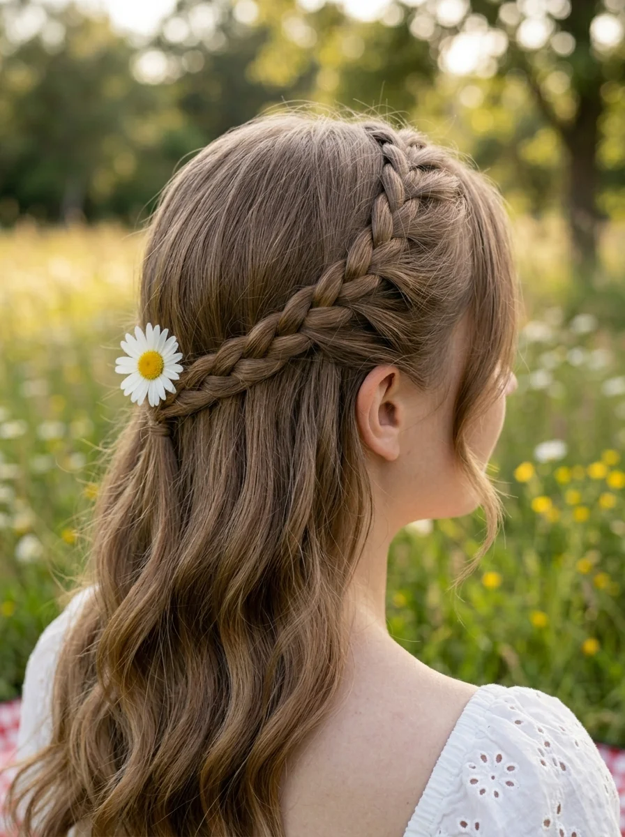 Braided Crown with Soft Waves and Daisy Accent