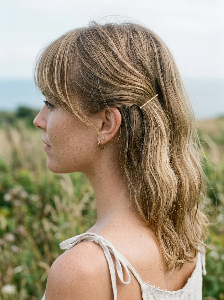 Effortless Wavy Lob with a Chic Barrette Tuck