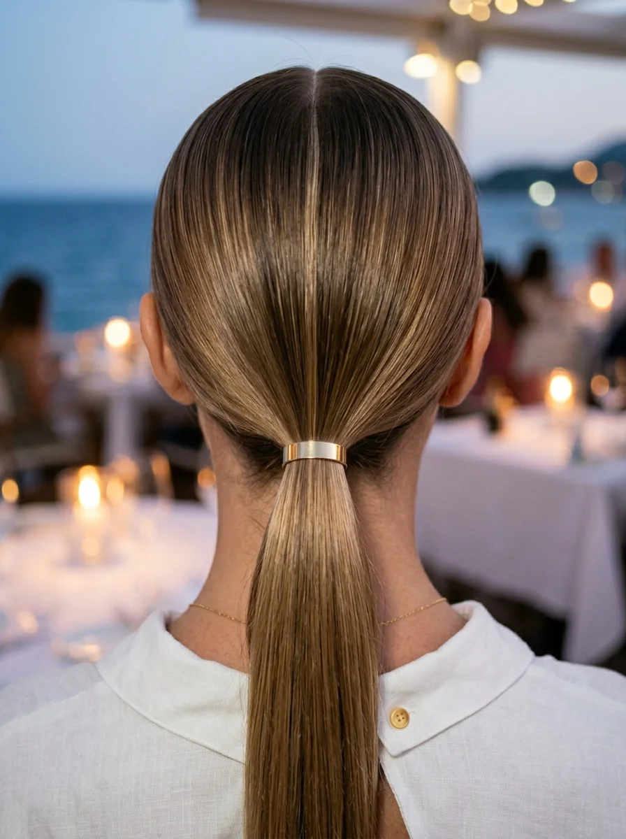 Sleek High Ponytail with a Chic Gold Band