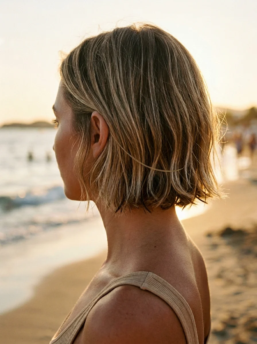 Textured Beachy Bob with Delicate Ear Chain Accent