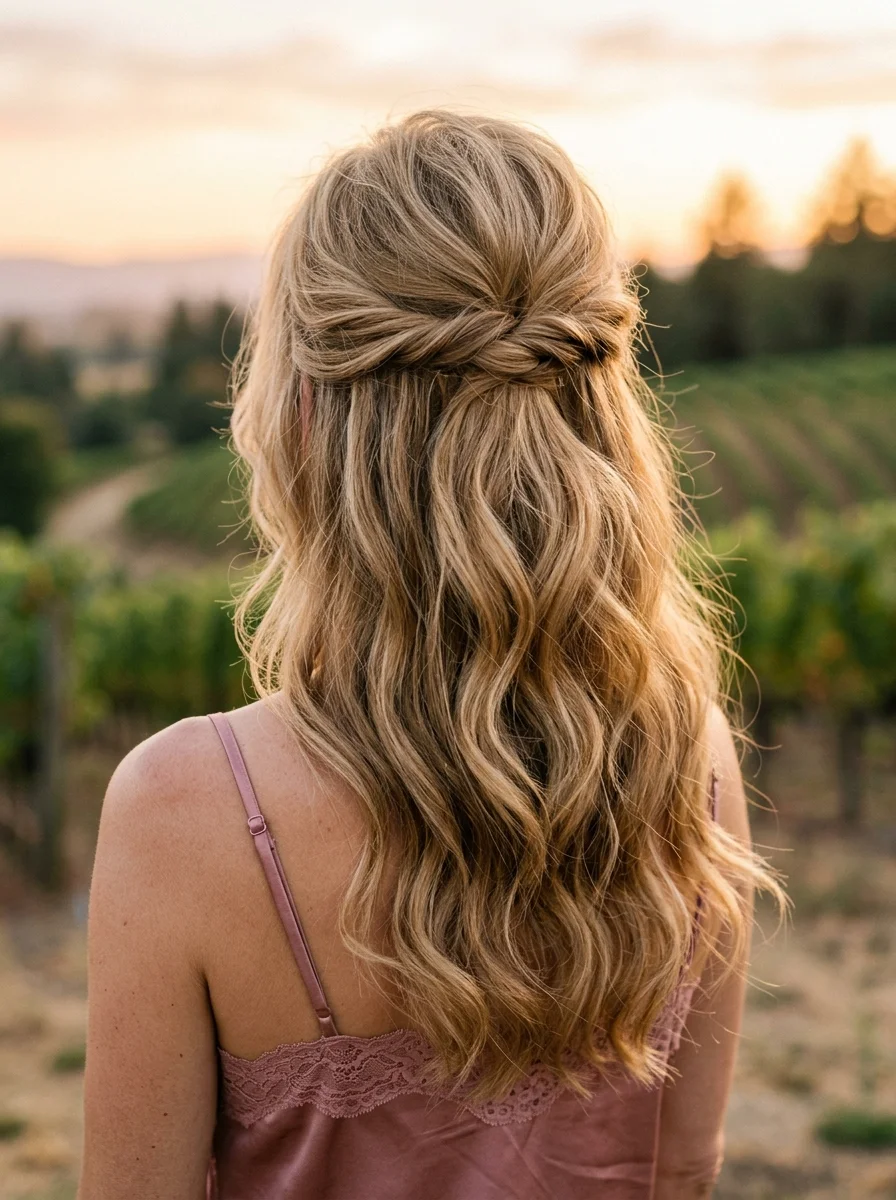 Braided Crown Half-Up with Beachy Waves
