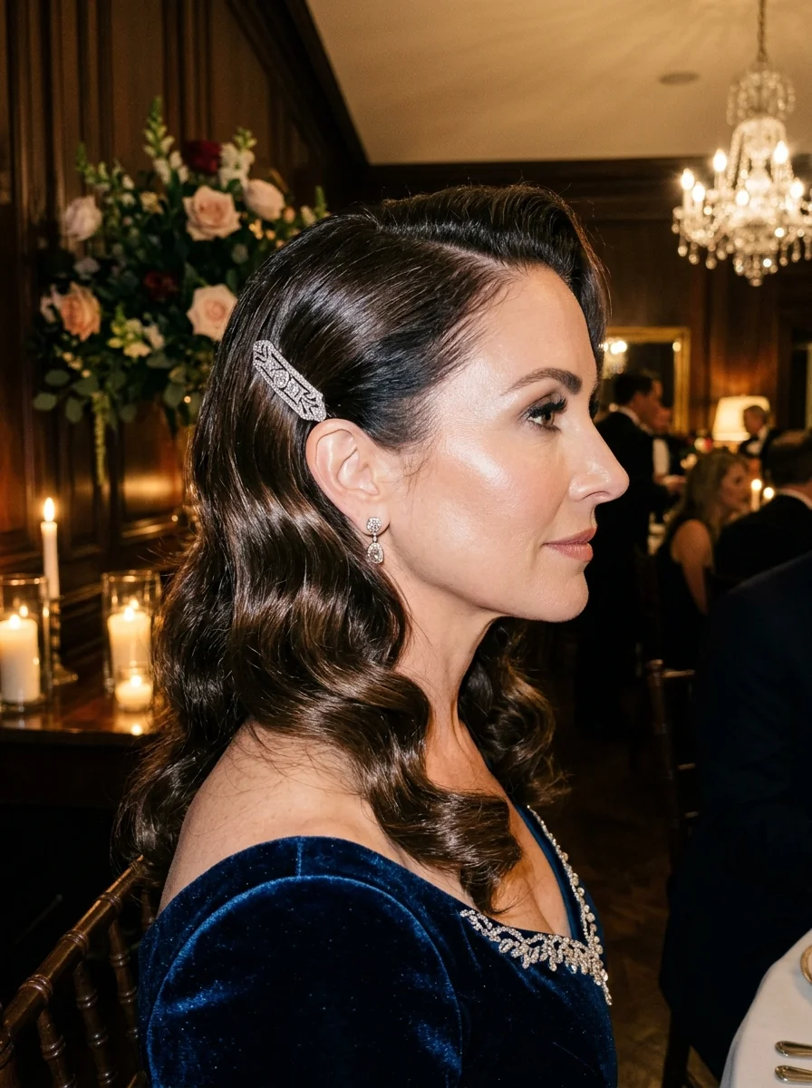 Deep Side Part Hollywood Waves with Vintage Sparkle