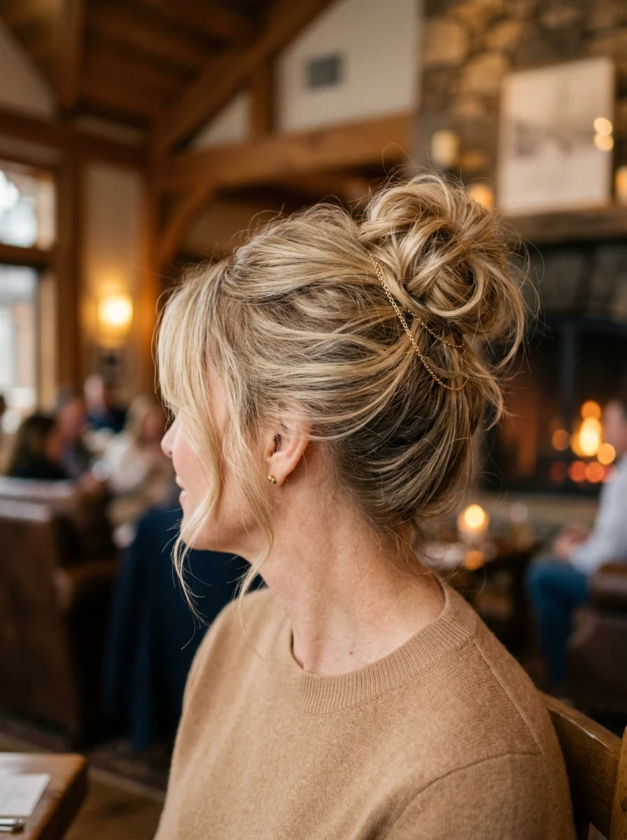 Effortless Messy Bun with Chic Gold Chain Accent