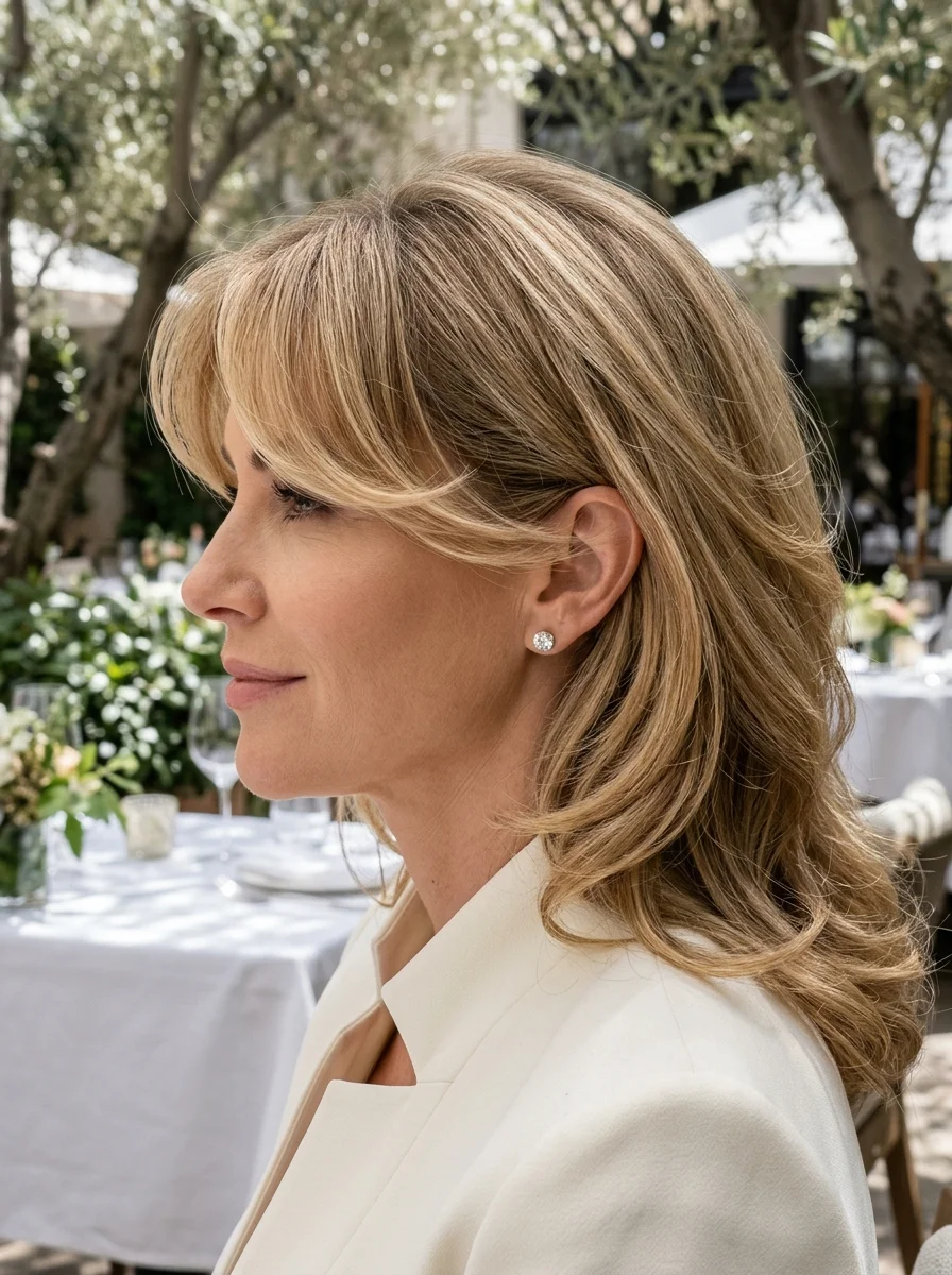 Soft Honey Blonde Layers with Wispy Fringe