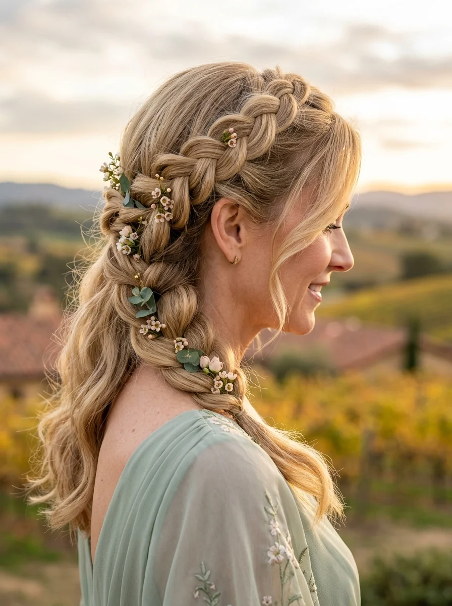 Boho Crown Braid with Cascading Flowers