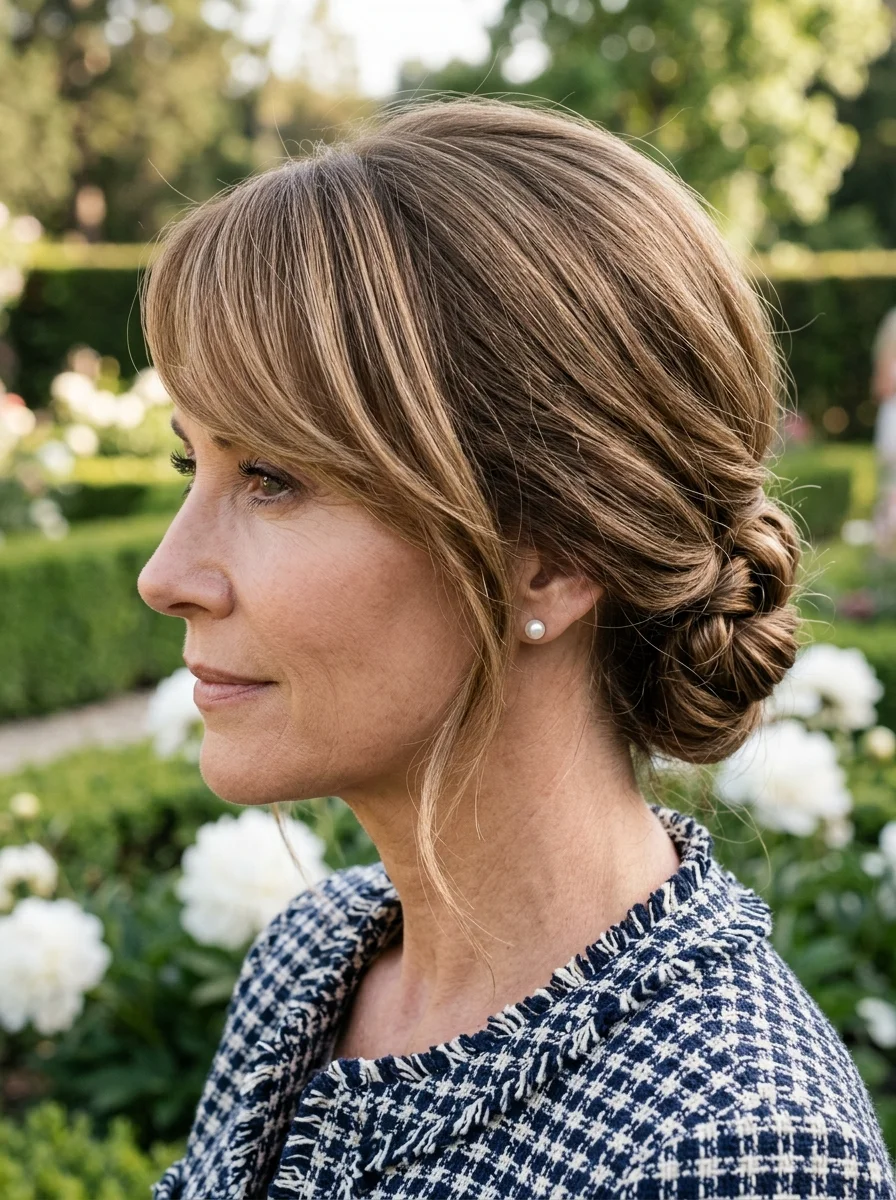 Effortless Chignon with Soft Face-Framing Bangs