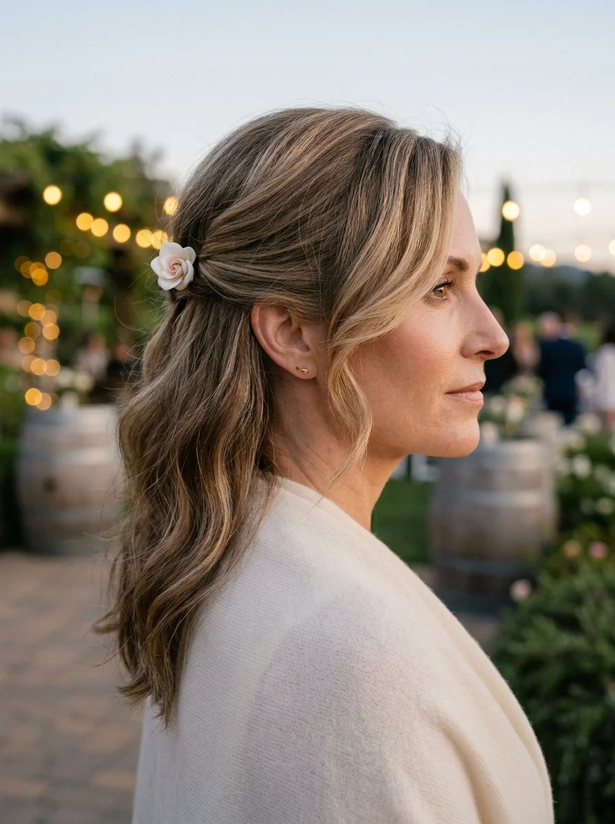 Soft Wavy Half-Up with Delicate Floral Accent