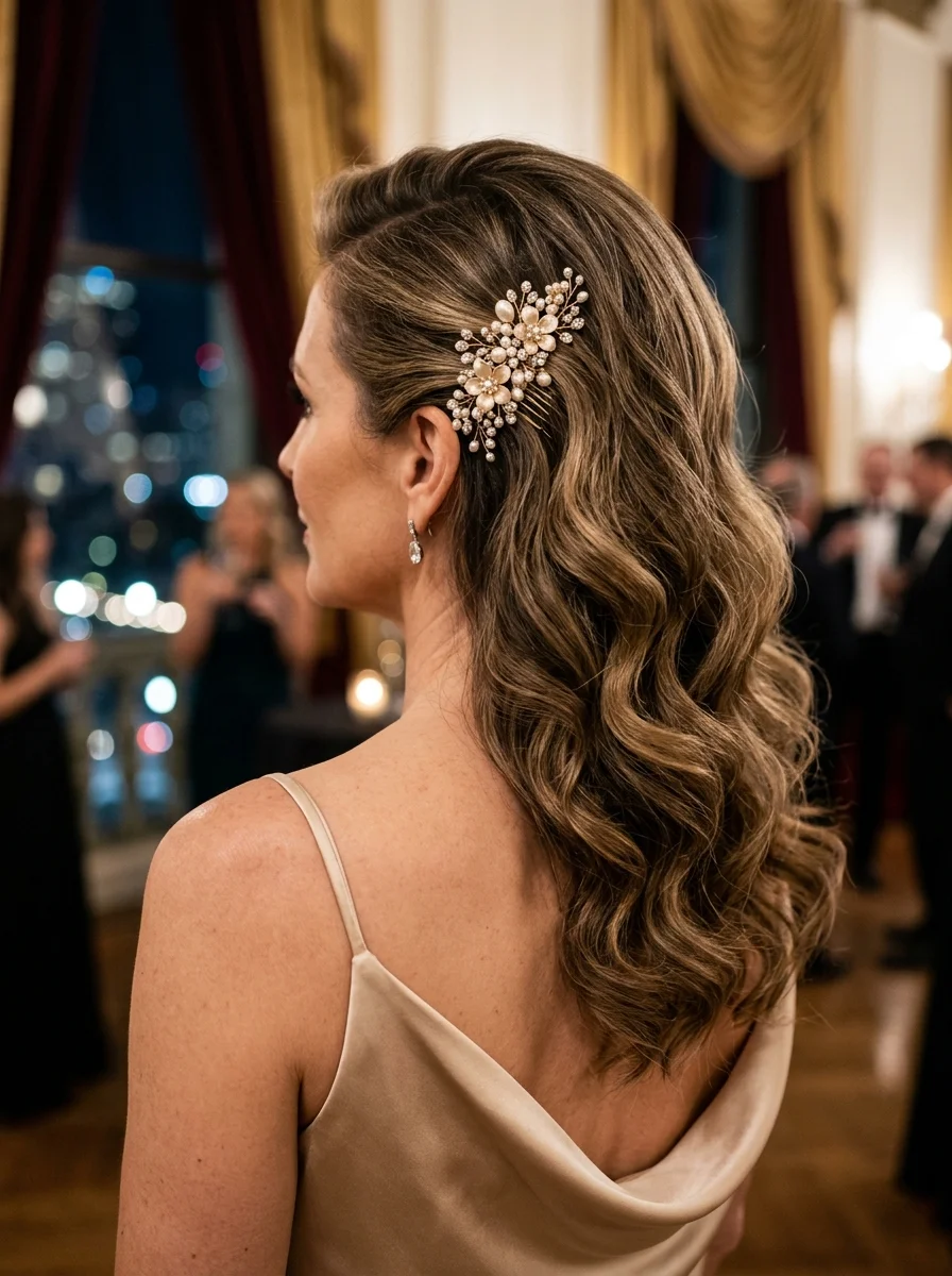 Soft Hollywood Waves with a Sparkling Hair Comb