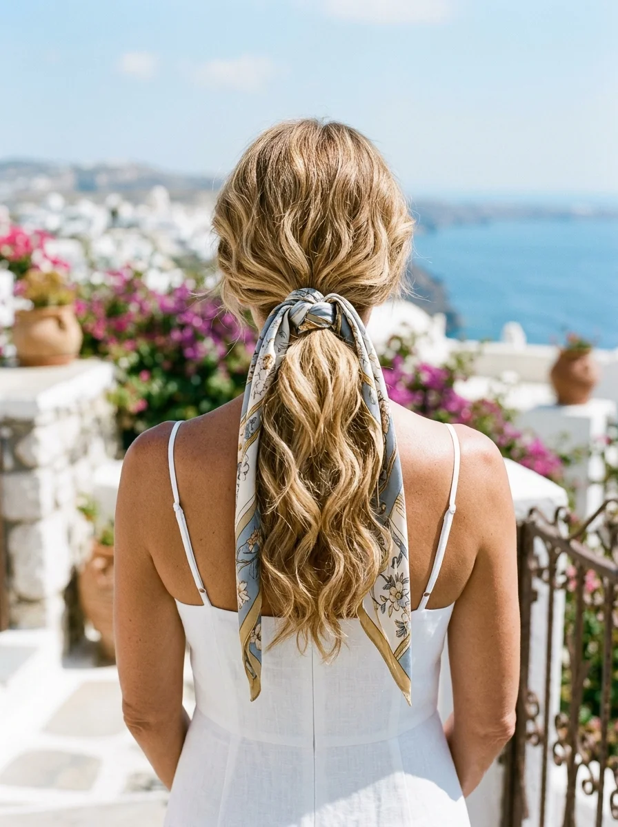 Wavy Ponytail with a Chic Scarf Tie