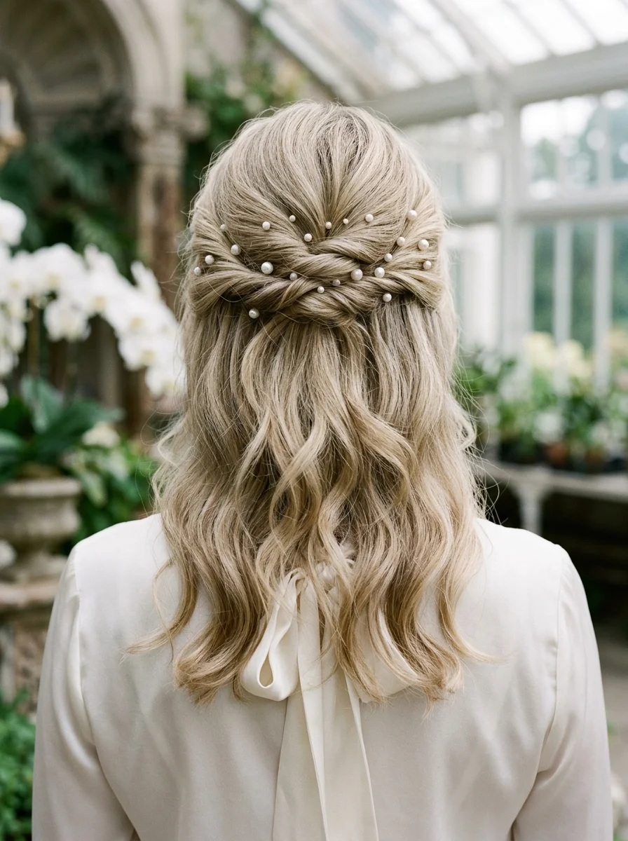 Twisted Crown Half-Up with Pearls