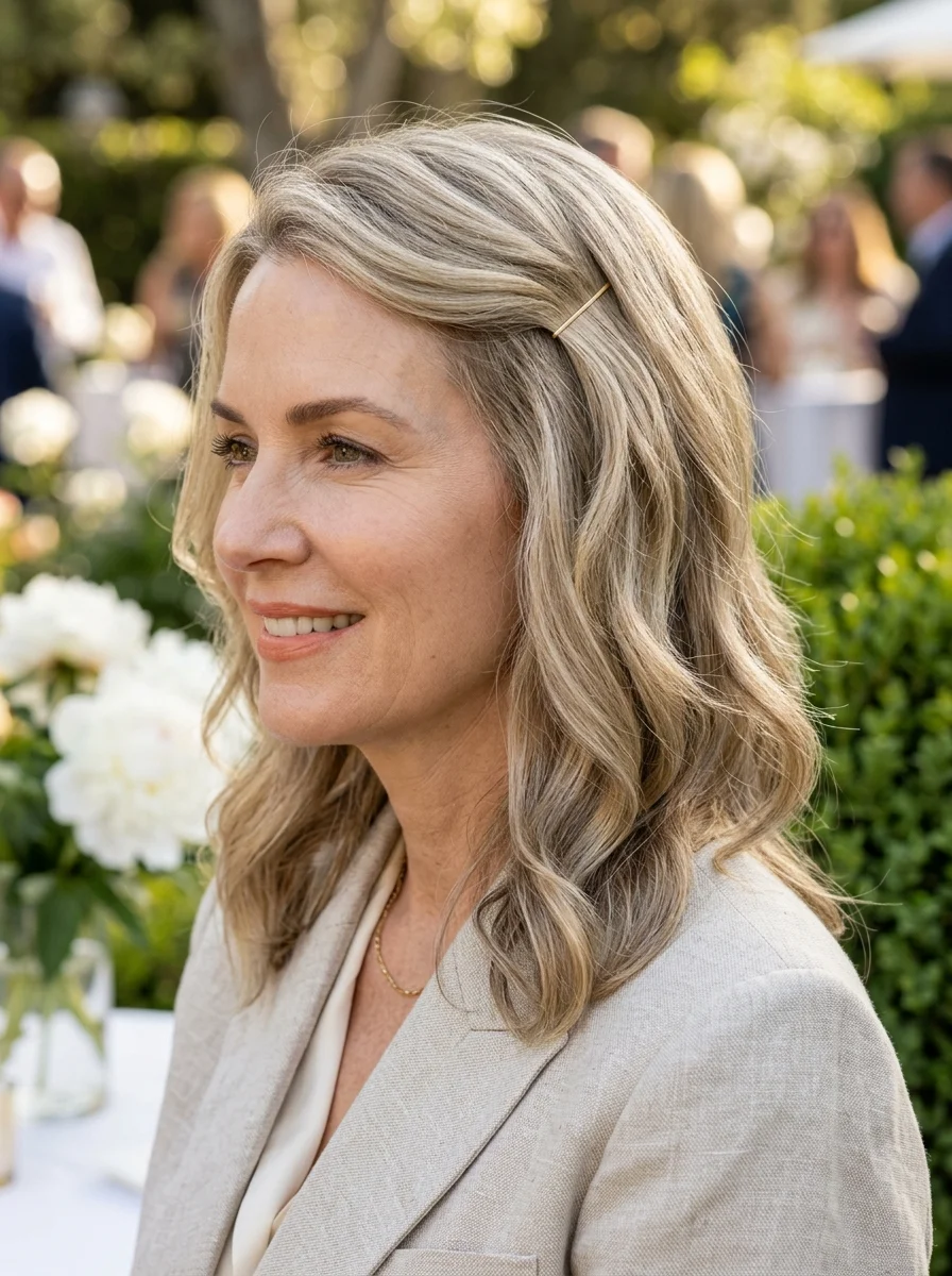 Effortless Wavy Lob with a Chic Bobby Pin Accent