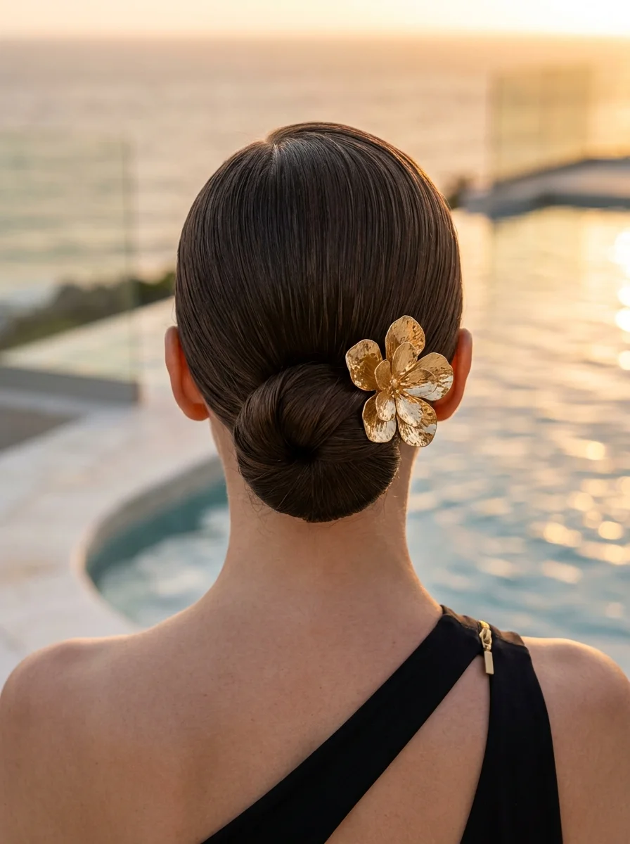Sleek Low Chignon with a Golden Bloom