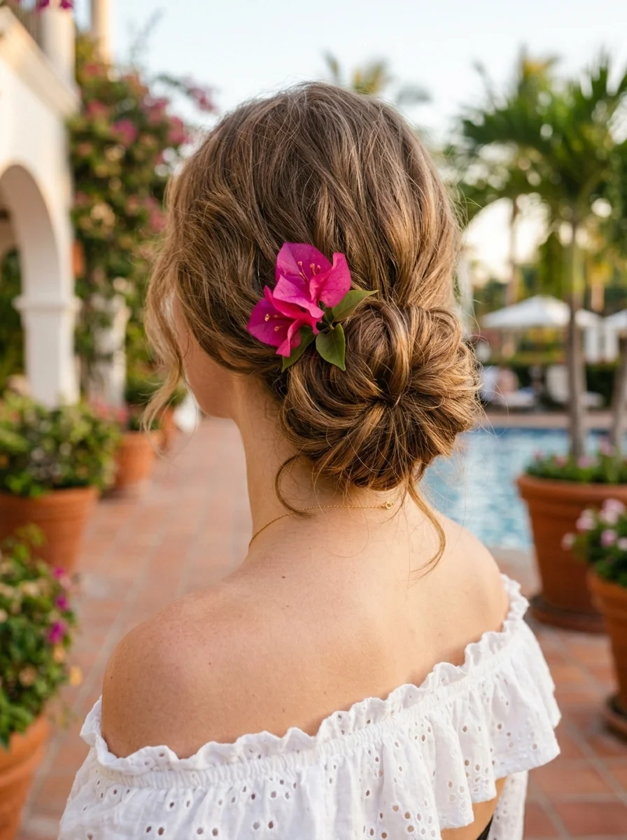 Boho Beach Bun with a Pop of Pink