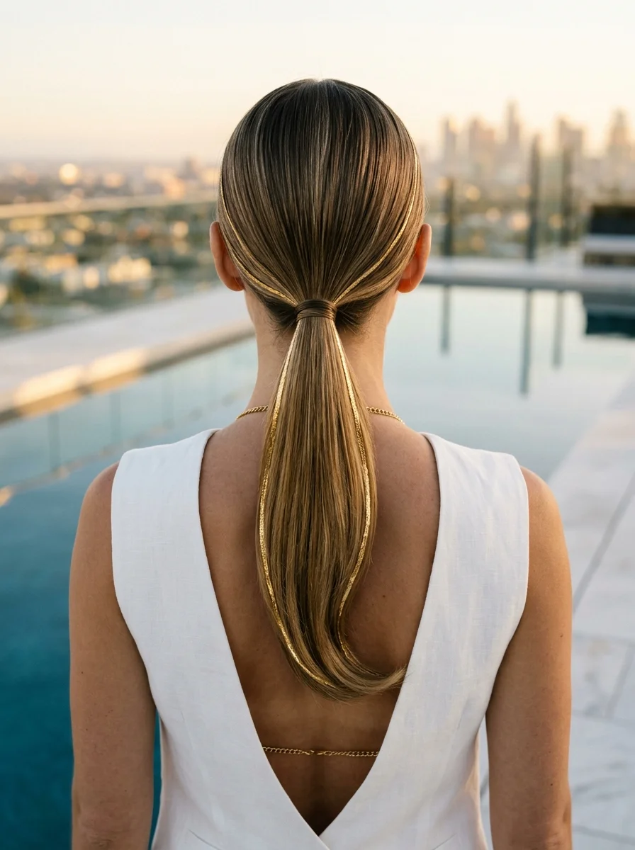 Sleek High Ponytail with Golden Strands