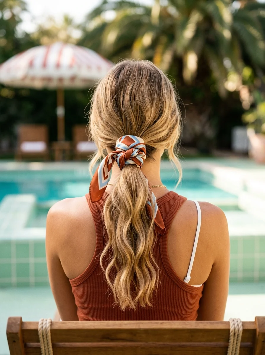 Effortless Beachy Waves Ponytail with Silk Scarf