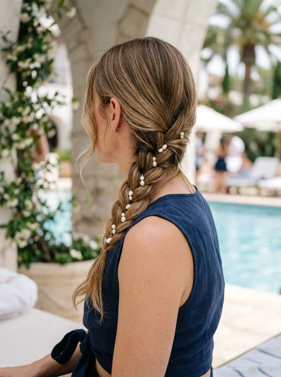 Pearl-Adorned Side Braid for a Chic Summer Vibe