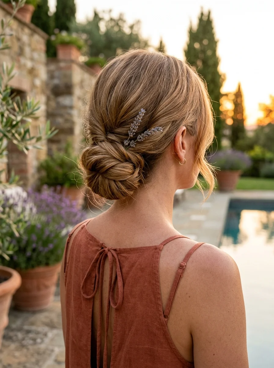 Twisted Low Bun with Lavender Sprigs