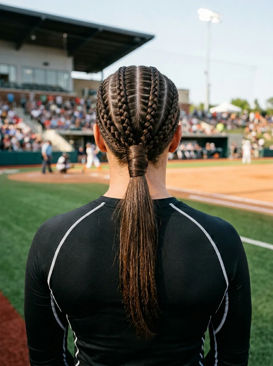 Sleek Dutch Braids into a Low Ponytail