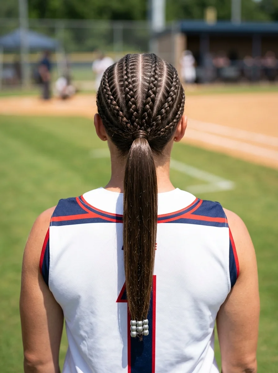 Sleek Cornrow Pony with a Chic Bead Accent