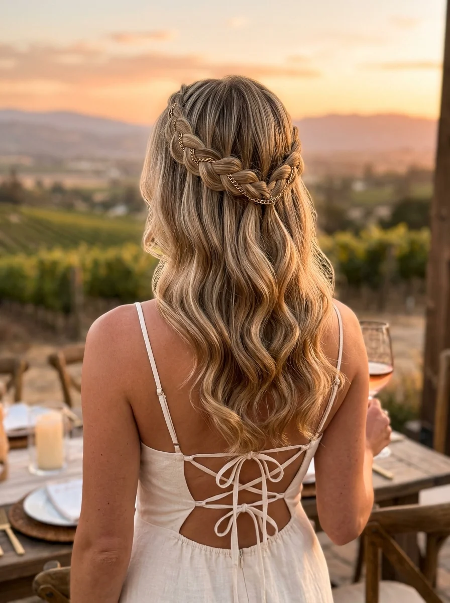 Golden Chain Crown Braid with Soft Waves