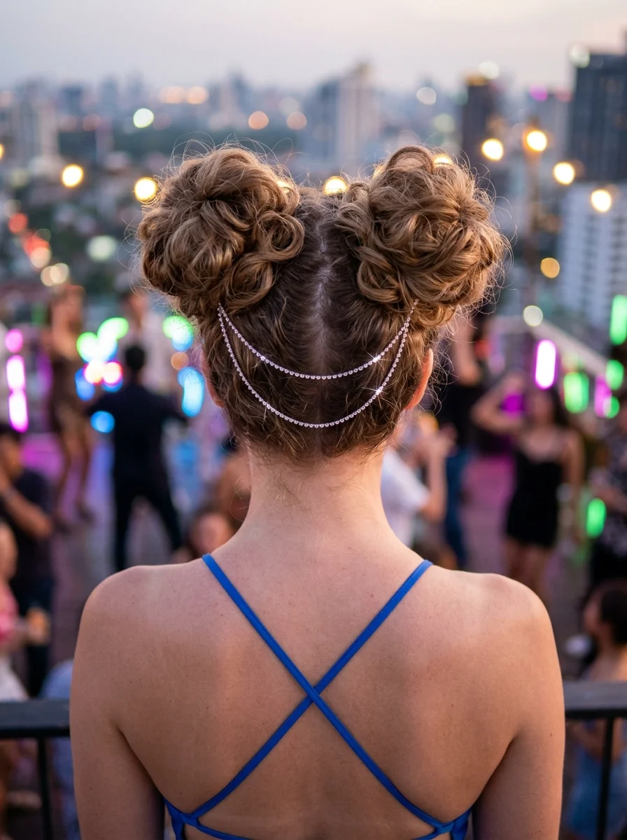 Sparkling Double Space Buns with Crystal Chains