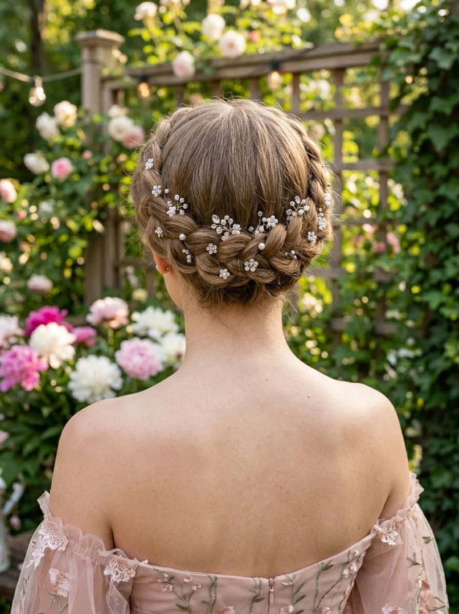 Romantic Crown Braid with Pearl & Crystal Accents