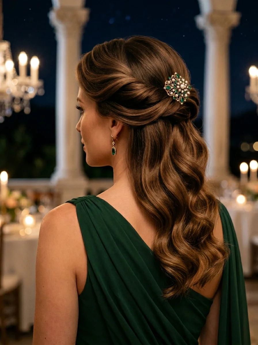 Elegant Emerald Twist Half-Up Style