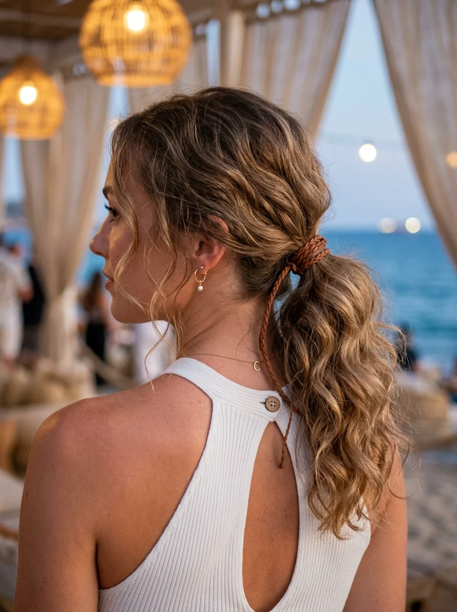 Wavy Low Ponytail with Braided Wrap