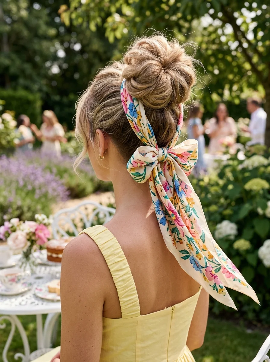 Messy Top Knot with a Floral Silk Scarf