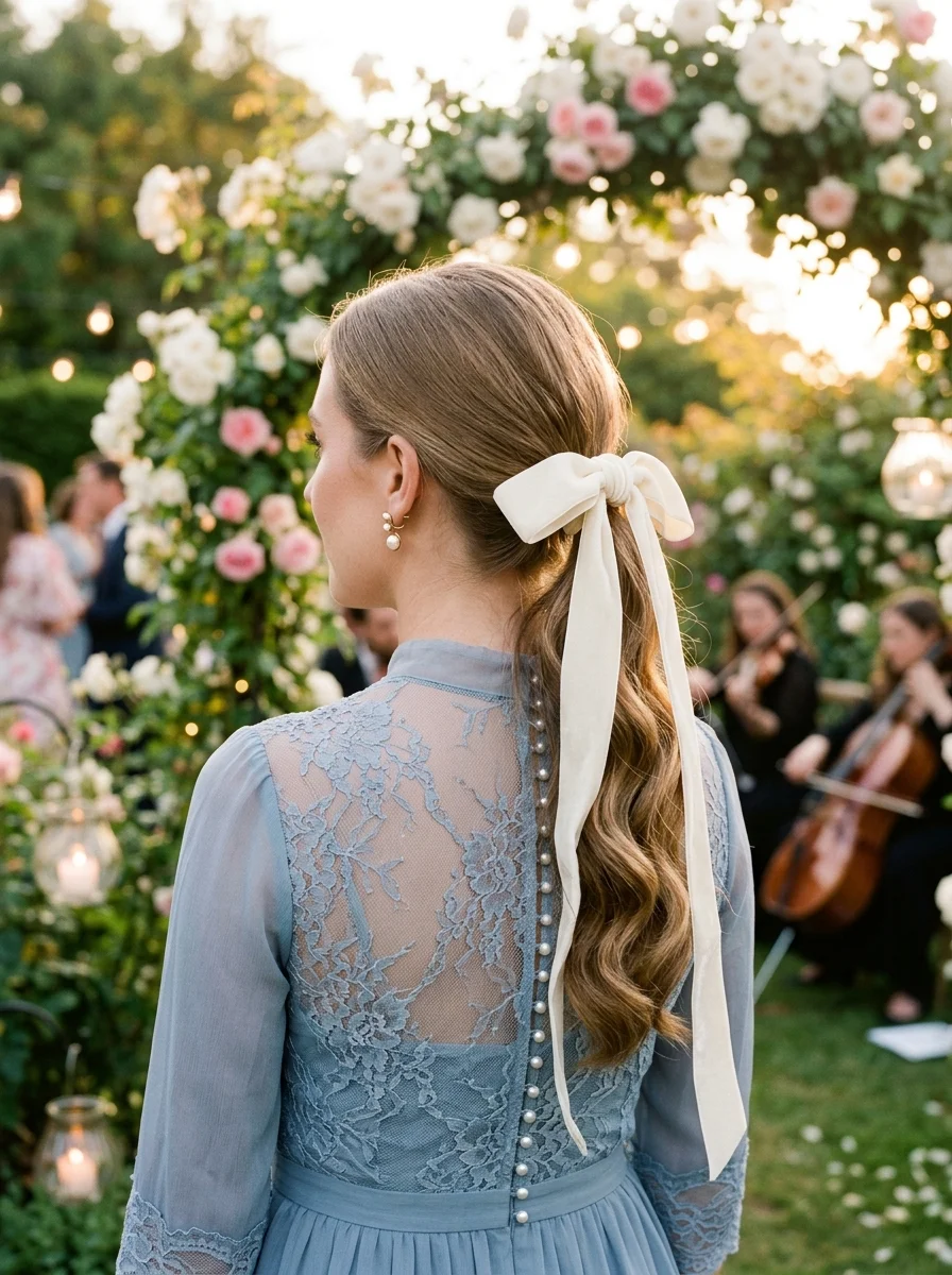Elegant Pearl-Adorned Low Ponytail with a Velvet Bow