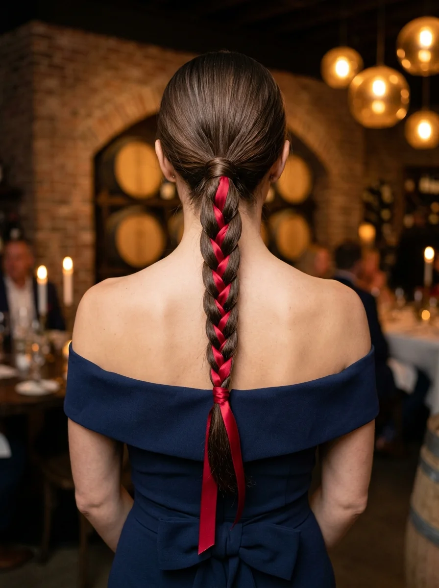 Deep Red Ribbon Accent French Braid