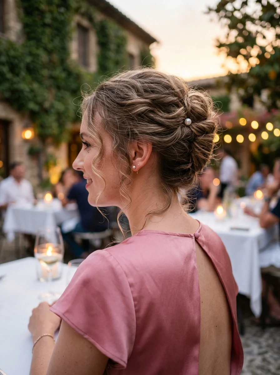 Braided Updo with Loose Curls and Pearl Accent