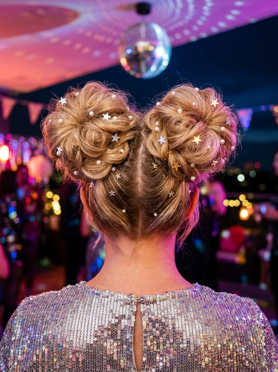 Sparkly Double Space Buns with Star & Pearl Accents