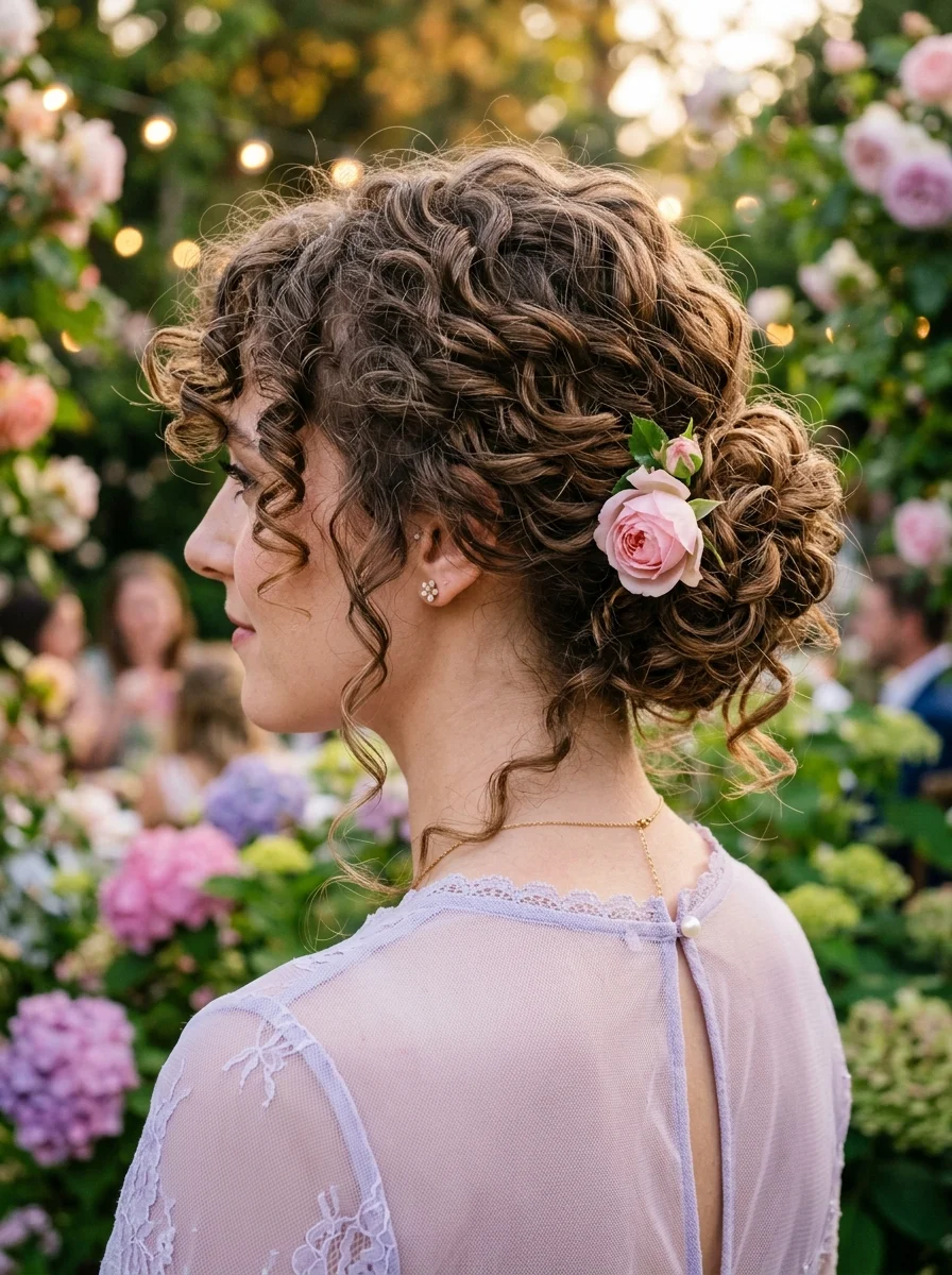Romantic Curly Updo with Fresh Flower Accent
